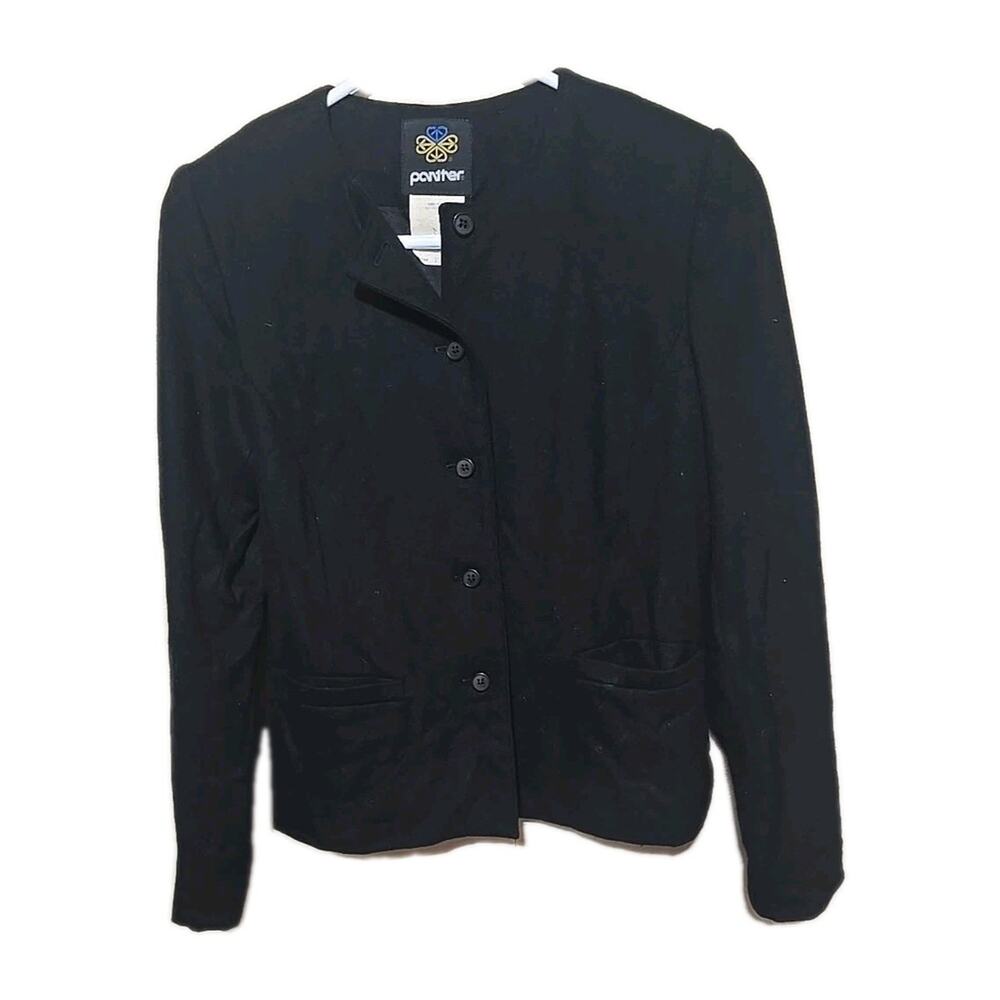 Vtg Panther Black Wool Pockets Classic Work Career Casual Blazer Womans Size 5/6
